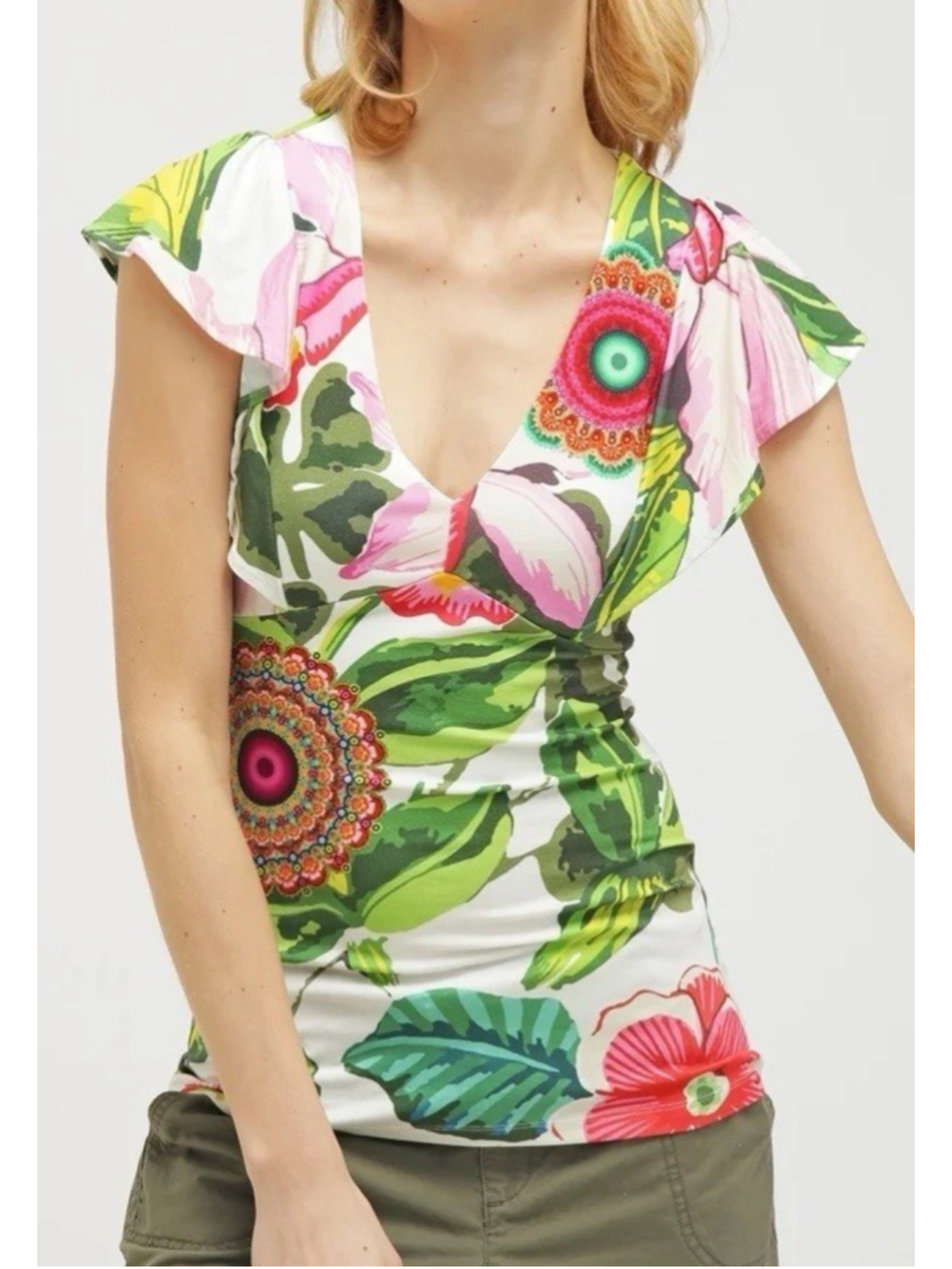 Desigual Women’s S Floral Mandala Deep V Neck Short Sleeve Stretch Top